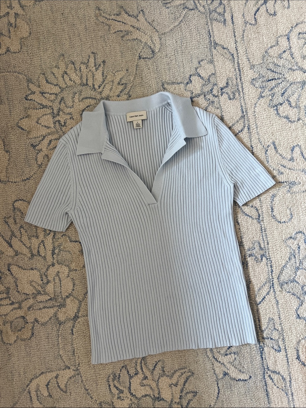 Calvin Klein Light Blue Ribbed Short Sleeve Polo Top
